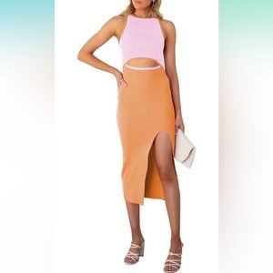 NEW Orange & Pink Sleeveless Bodycon Ribbed Midi Dress w/ Cutout - M